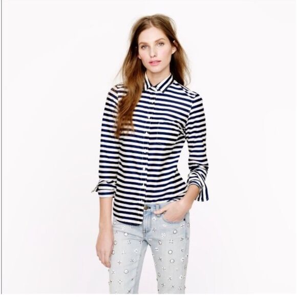 J. CREW Striped Boy Shirt Navy Blue White Long Sleeve Button Down Size 6 - Picture 1 of 8